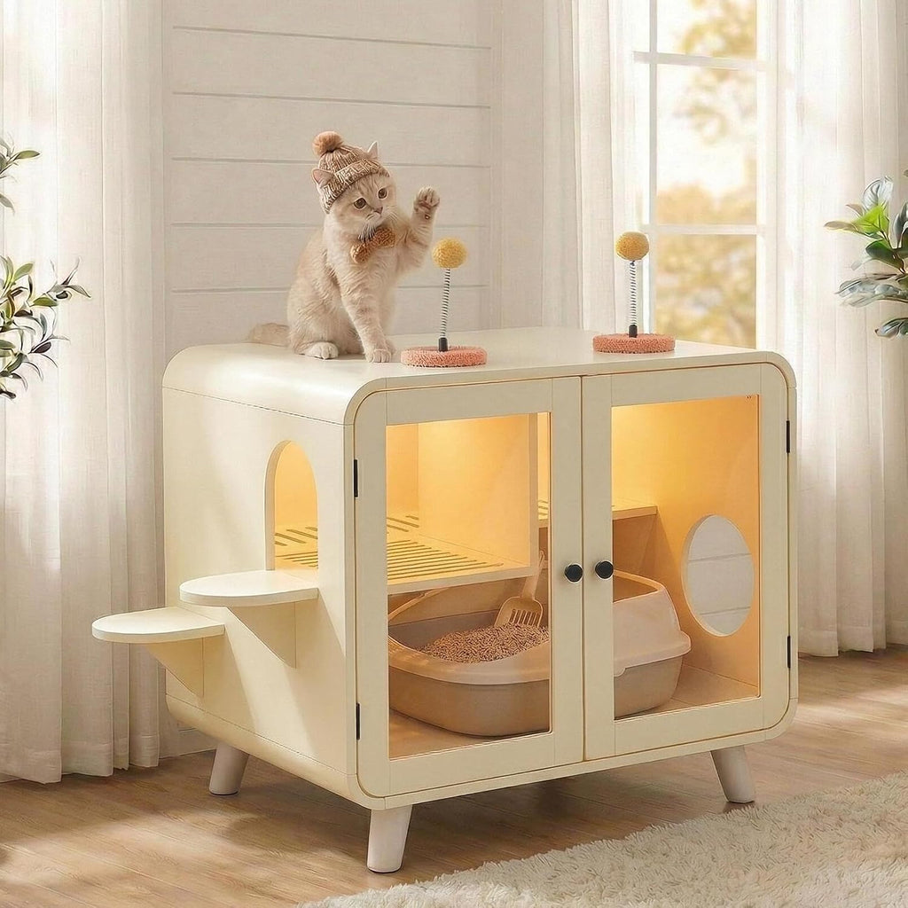 Cat Hidden Litter Box Enclosure with RGB LED Light, TV-Style Cat Litter Box Furniture Cabinet with Glass Doors, Side Stairs, Litter Leak Walkway & Pom-Pom Toys, Cat House Washroom, Beige