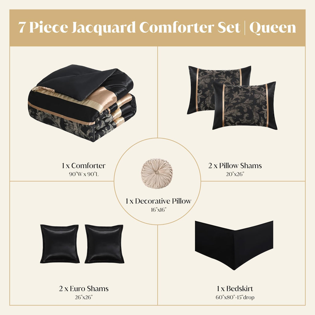 CozyDH Black Gold Jacquard Comforter Set California King, 7PCS Bed in a Bag