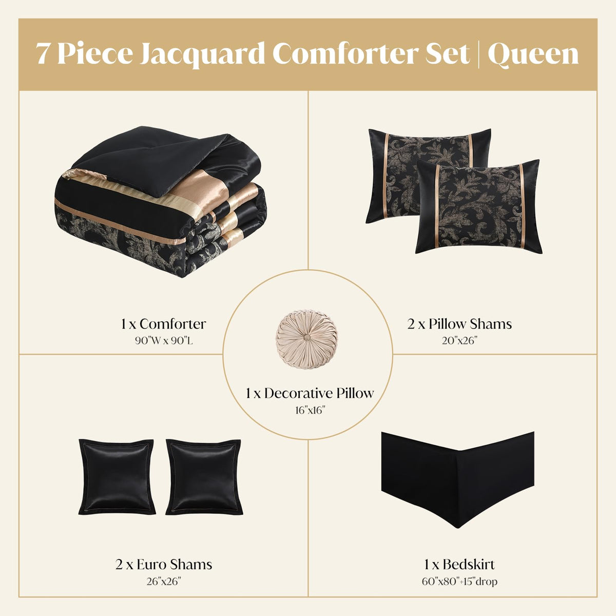 CozyDH Black Gold Jacquard Comforter Set California King, 7PCS Bed in a Bag