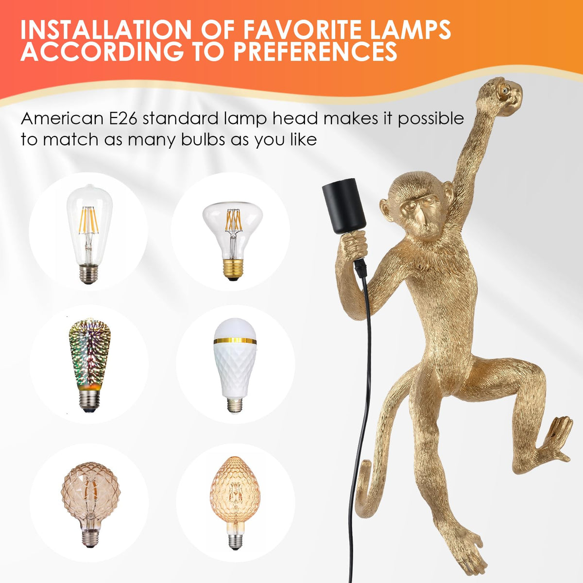 Modern Resin Monkey Wall Lamp & Pendant Light - Hemp Rope Vintage Lamp for Home Decor - Dining, Living Room, Bedroom, Entryway (Black)