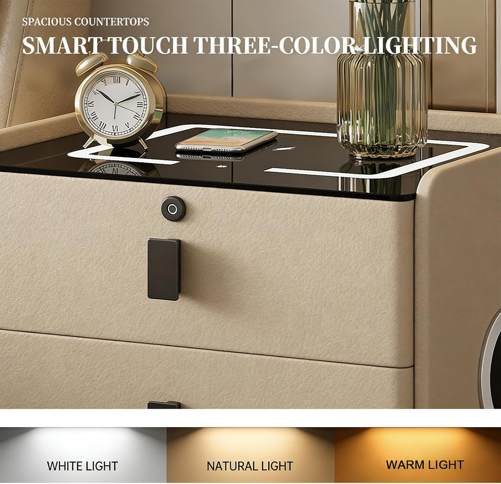 Smart Nightstand with Bluetooth Speaker,Led Nightstands with 3-Drawers and USB-Port,Fingerprint Lock Smart Side Table,3-Colors Lighting Bedside Table