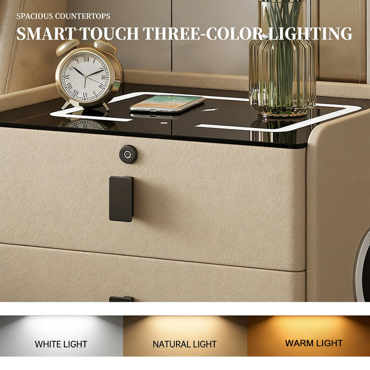 Smart Nightstand with Bluetooth Speaker,Led Nightstands with 3-Drawers and USB-Port,Fingerprint Lock Smart Side Table,3-Colors Lighting Bedside Table