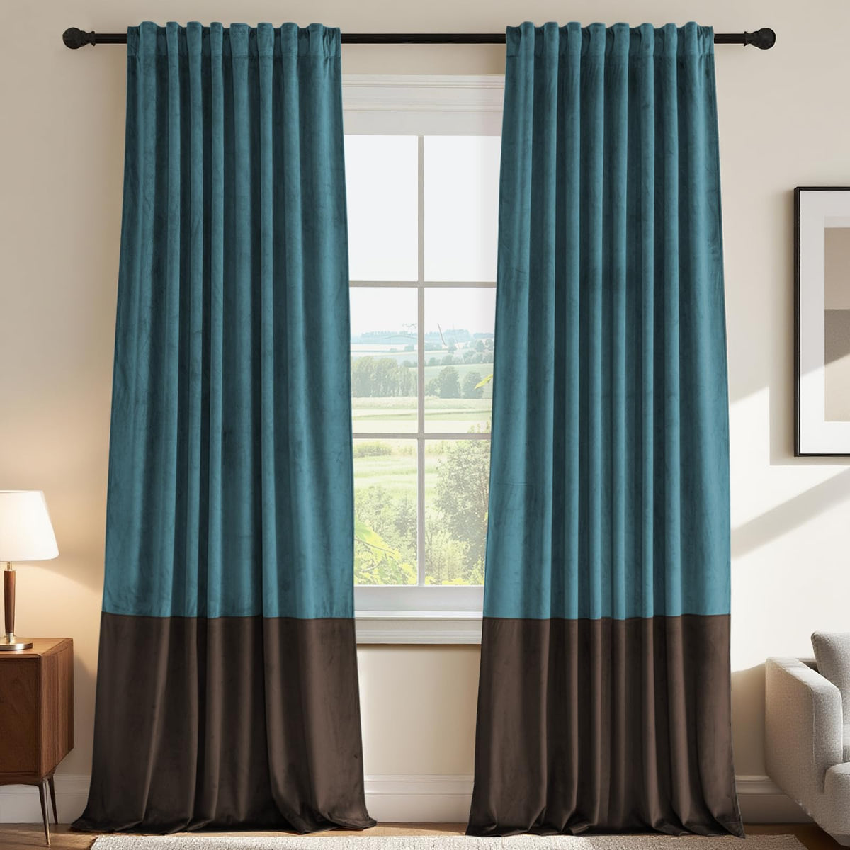 Velvet Color-Block Curtain Set