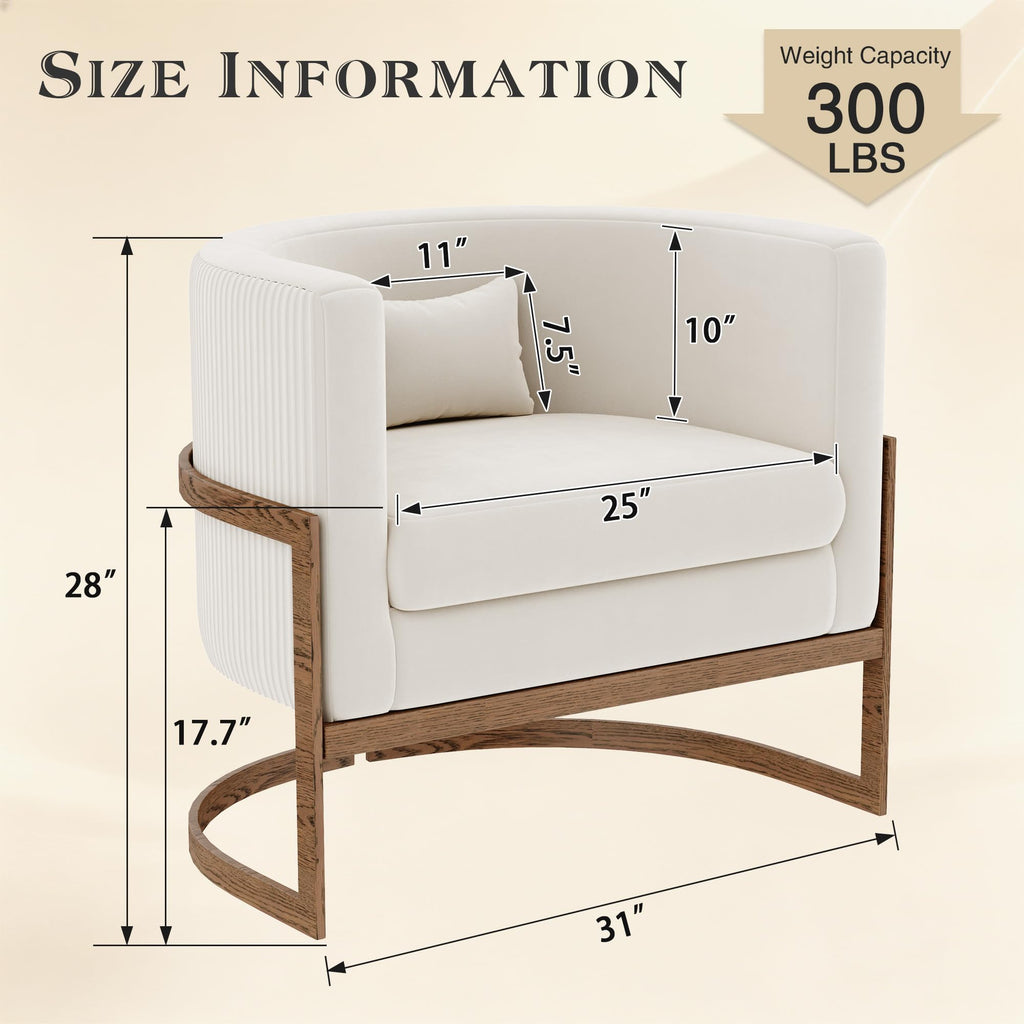 Velvet Accent Chair Ivory Modern Barrel Chair with Gold Legs