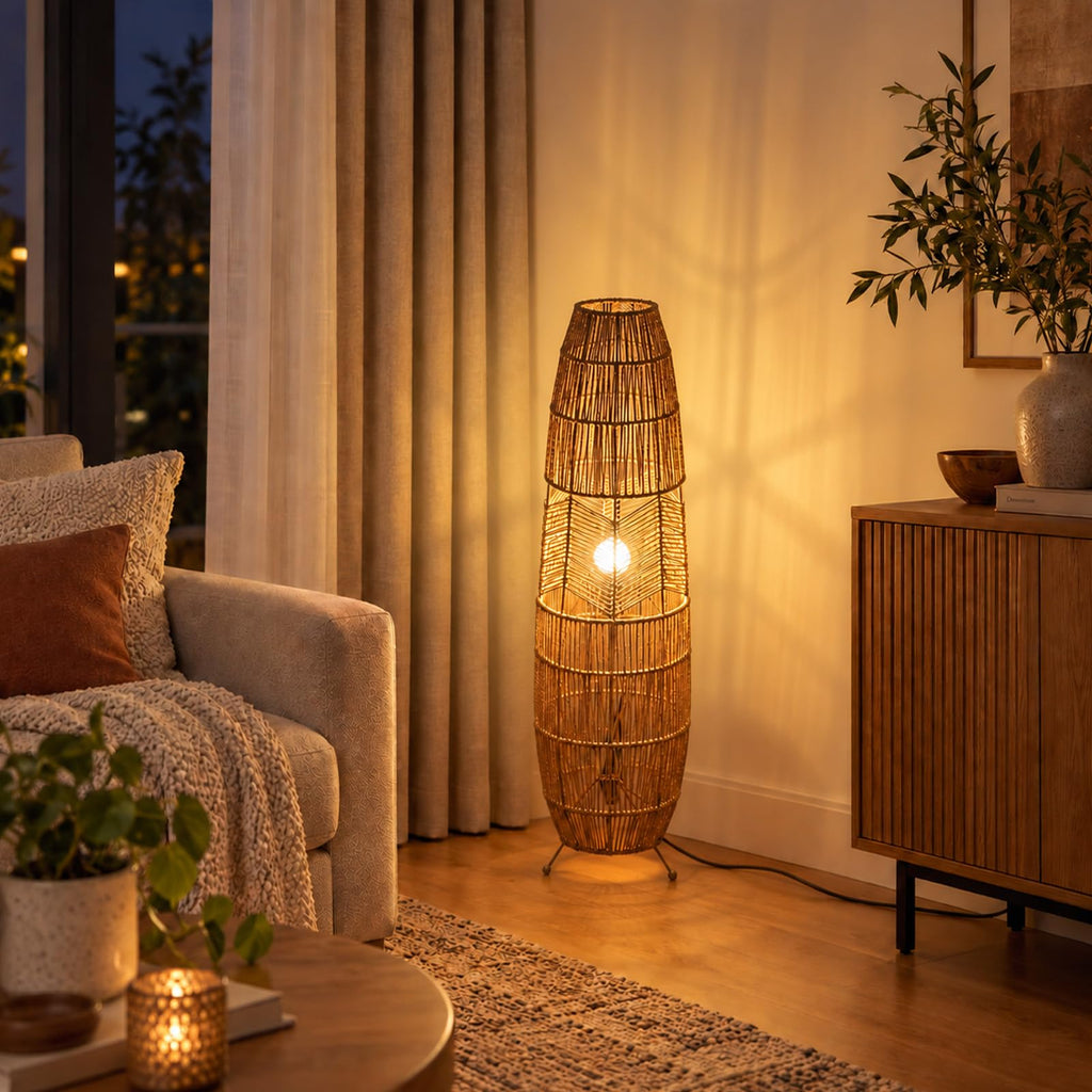 Boho Style Bamboo Woven Floor Lamp for Living Room, 36 in, Cozy Decor