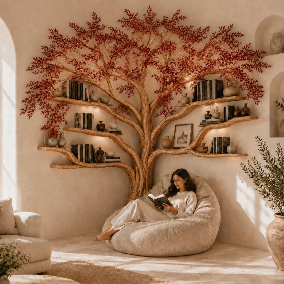 Handcrafted Natural Wood Corner Tree Bookshelf, Rustic Tree Branch Corner Shelf for Living Room Bedroom, Custom Wood Corner Wall Shelf with Multi-Tier Display Storage