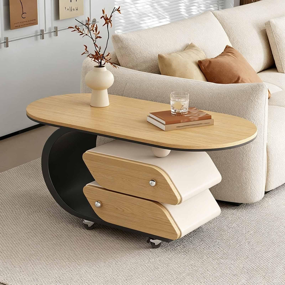 Rolling Wood-Top Storage Side Table