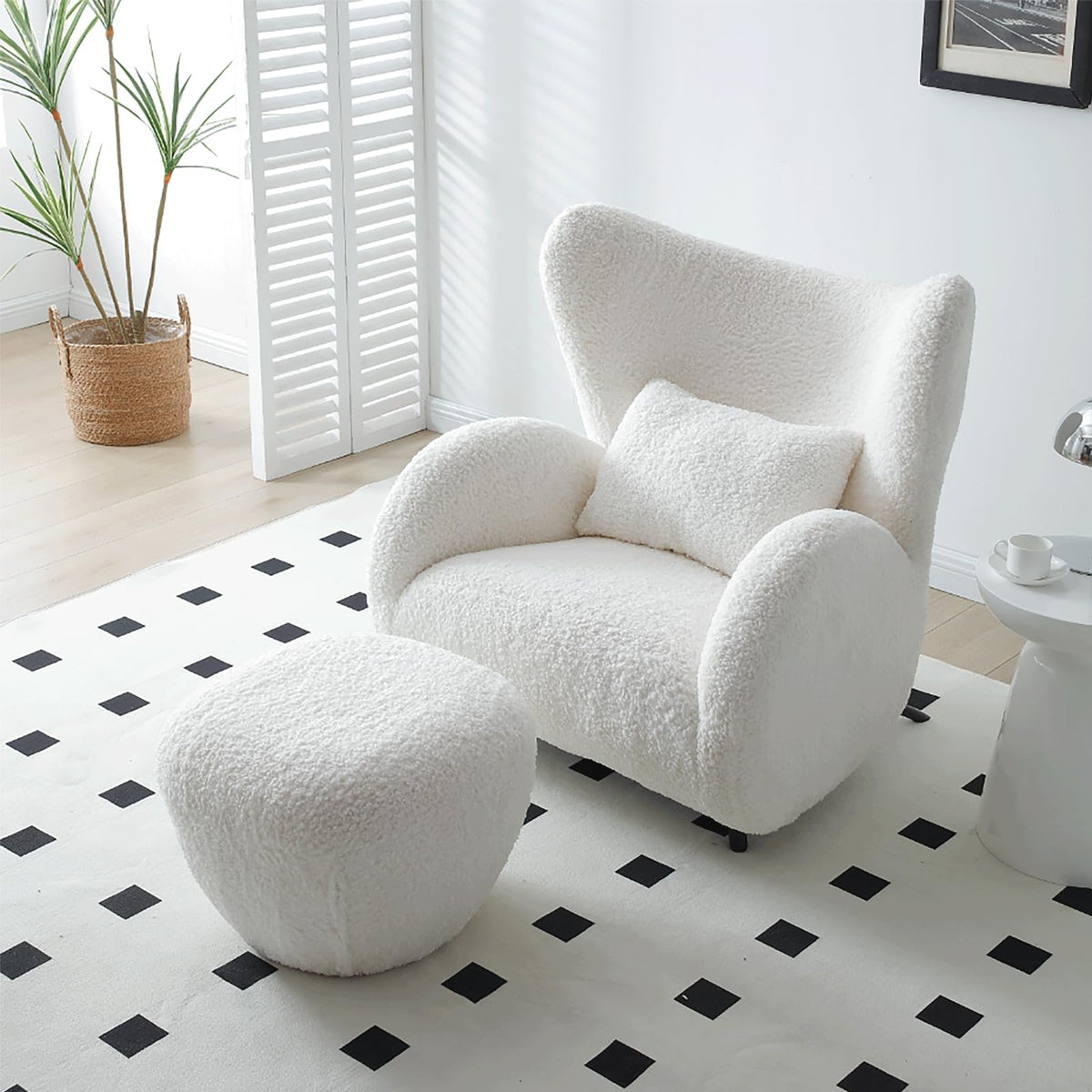 Oversized Boucle Accent Chair, Cream White Sherpa Wingback Chair