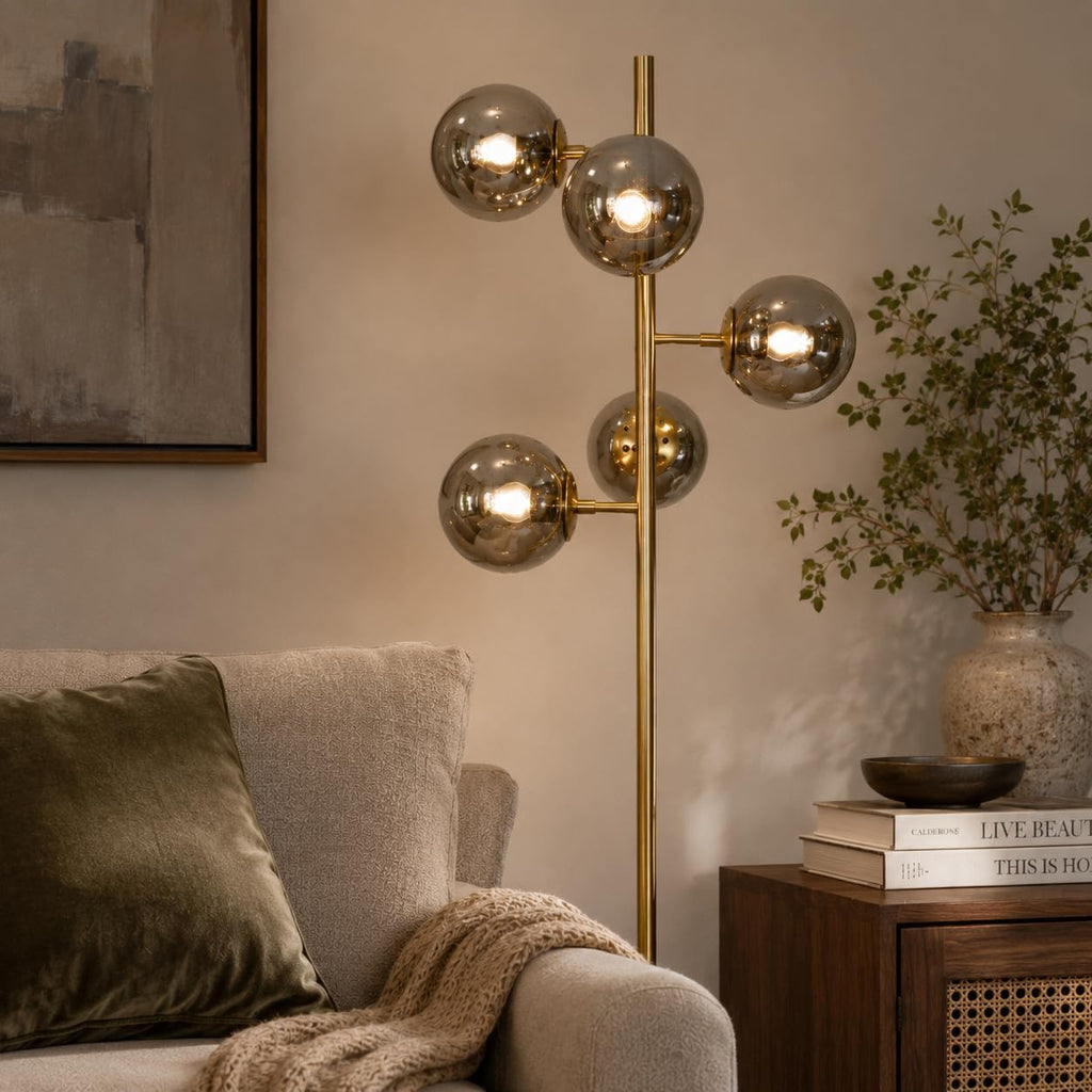 BOKT Gold 5-Light 67'' Tall Floor Lamp Smoked Glass Globes Standing Lamp
