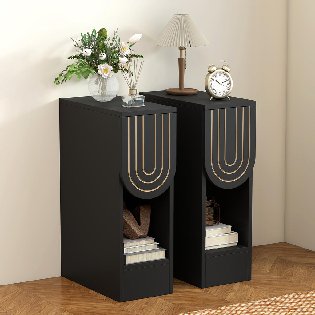 Narrow Carved Wood Nightstands, Set of Two