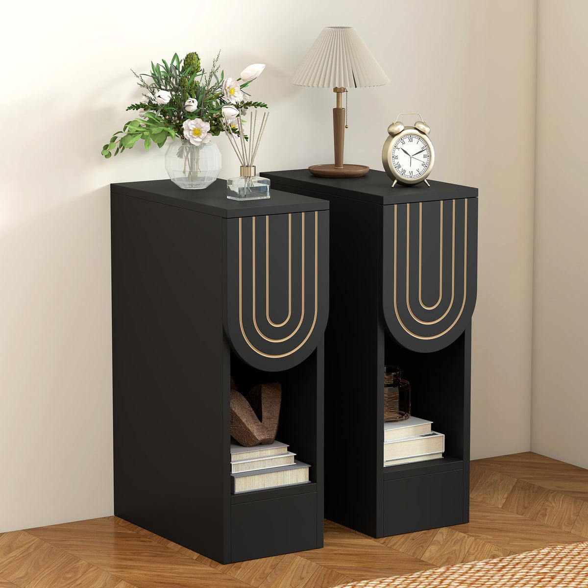 Narrow Carved Wood Nightstands, Set of Two