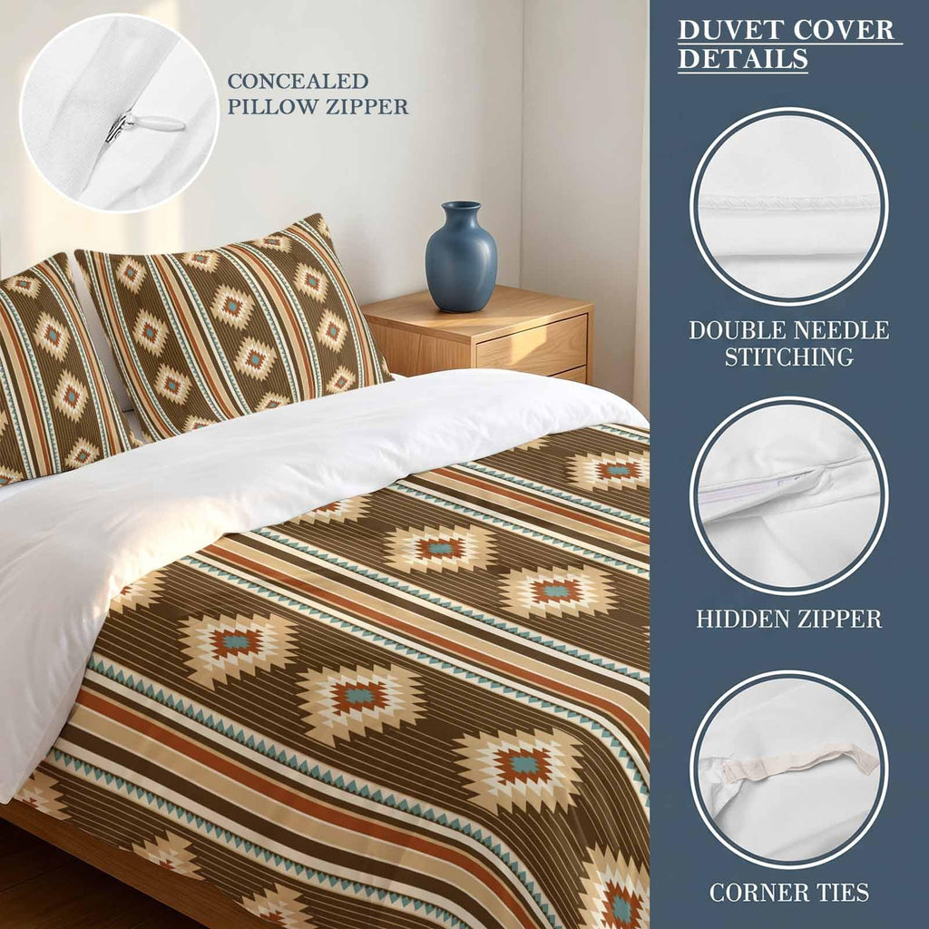 3 Pieces Duvet Cover Queen Bedding Sets Western Ethnic Brown Geometric Luxury Soft