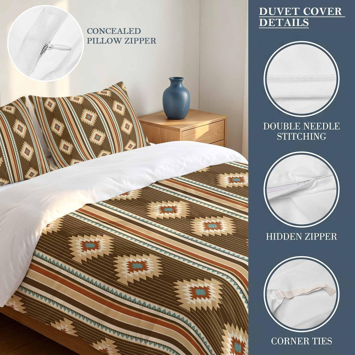 3 Pieces Duvet Cover Queen Bedding Sets Western Ethnic Brown Geometric Luxury Soft