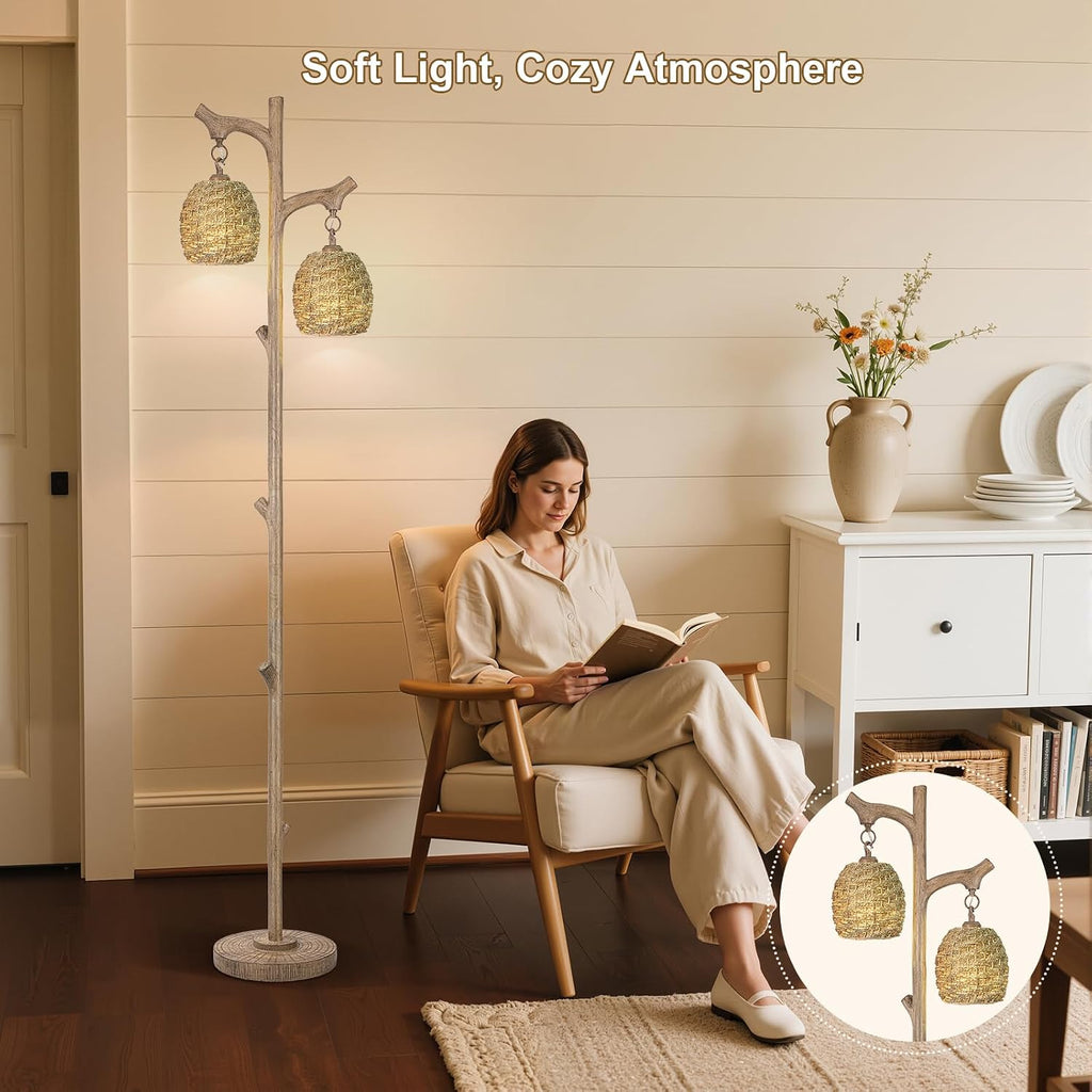 Scenekoy Vintage 68” Tall Resin Floor Lamp with Straw Rope Woven Shade