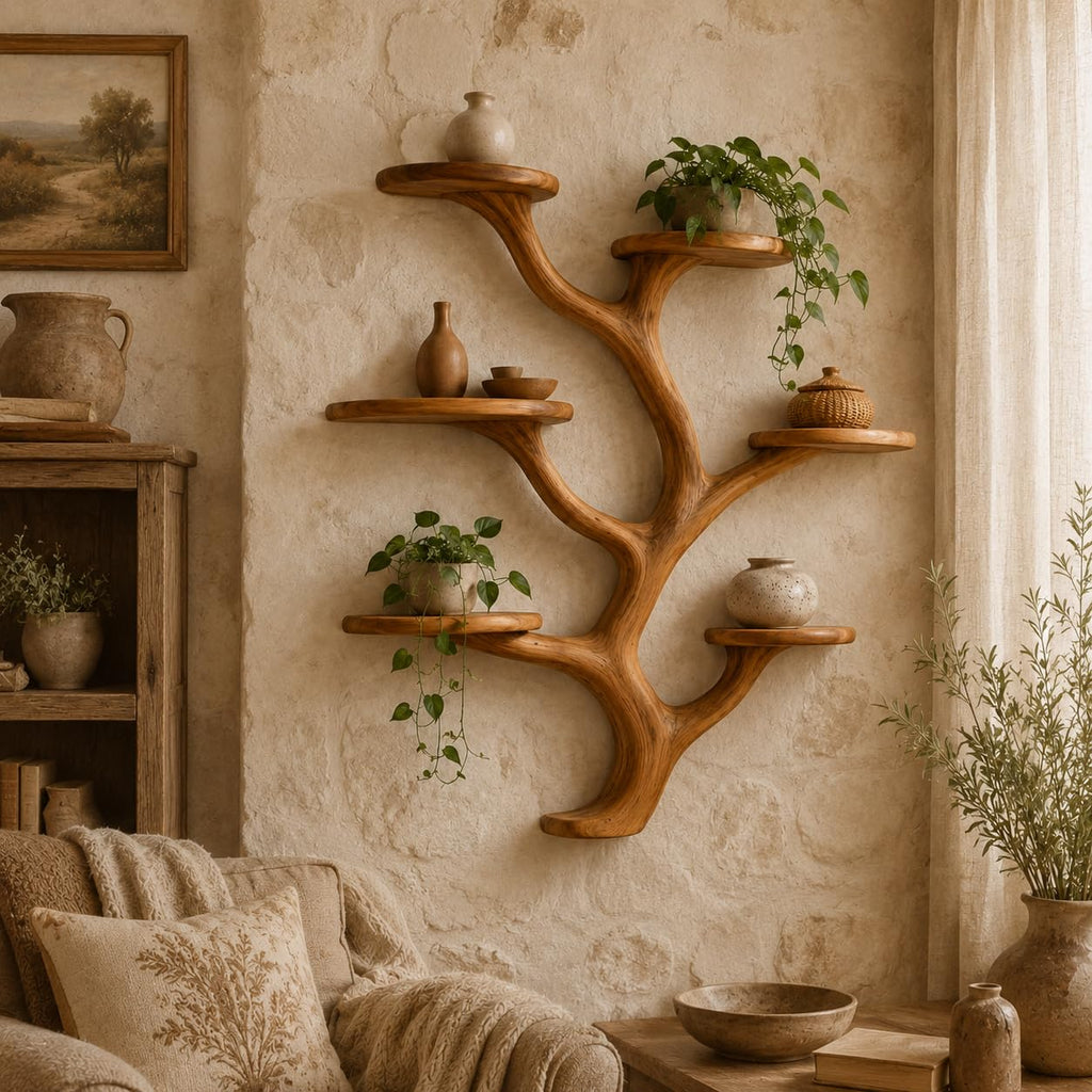 Wall Mounted Tree Bookshelf, Solid Wood Branch Floating Shelf, Rustic Driftwood Style Plant Display & Book Shelf for Boho Farmhouse Living Room Wall Decor (Option 5)