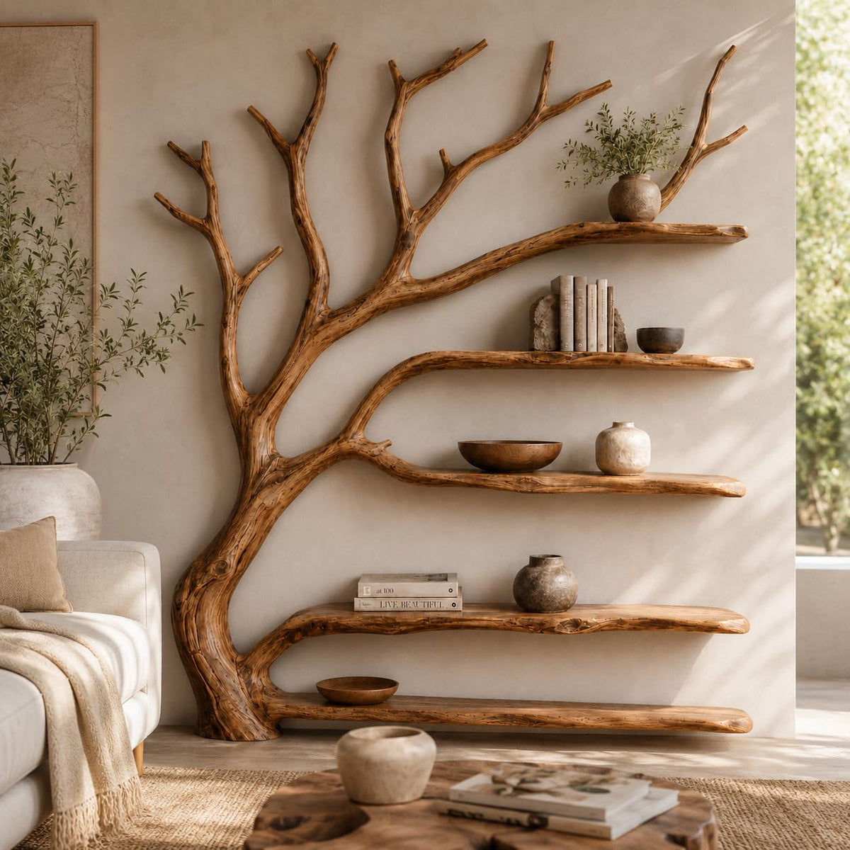 Tree Bookshelf, Handcrafted Natural Wood Tree Branch Wall Bookcase, Sculptural Floating Shelves for Living Room, Study and Home Library, Driftwood Decor