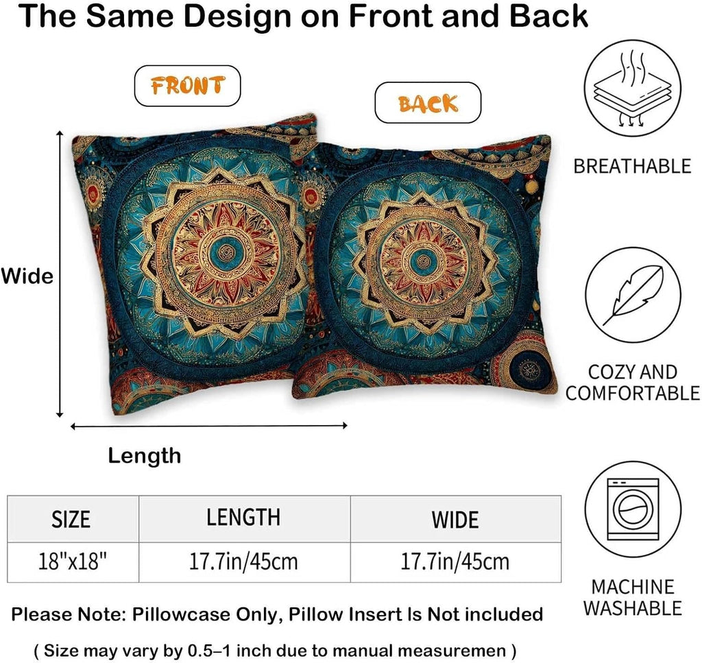 Teal Boho Mandala Throw Pillow Covers 18x18 Set of 2