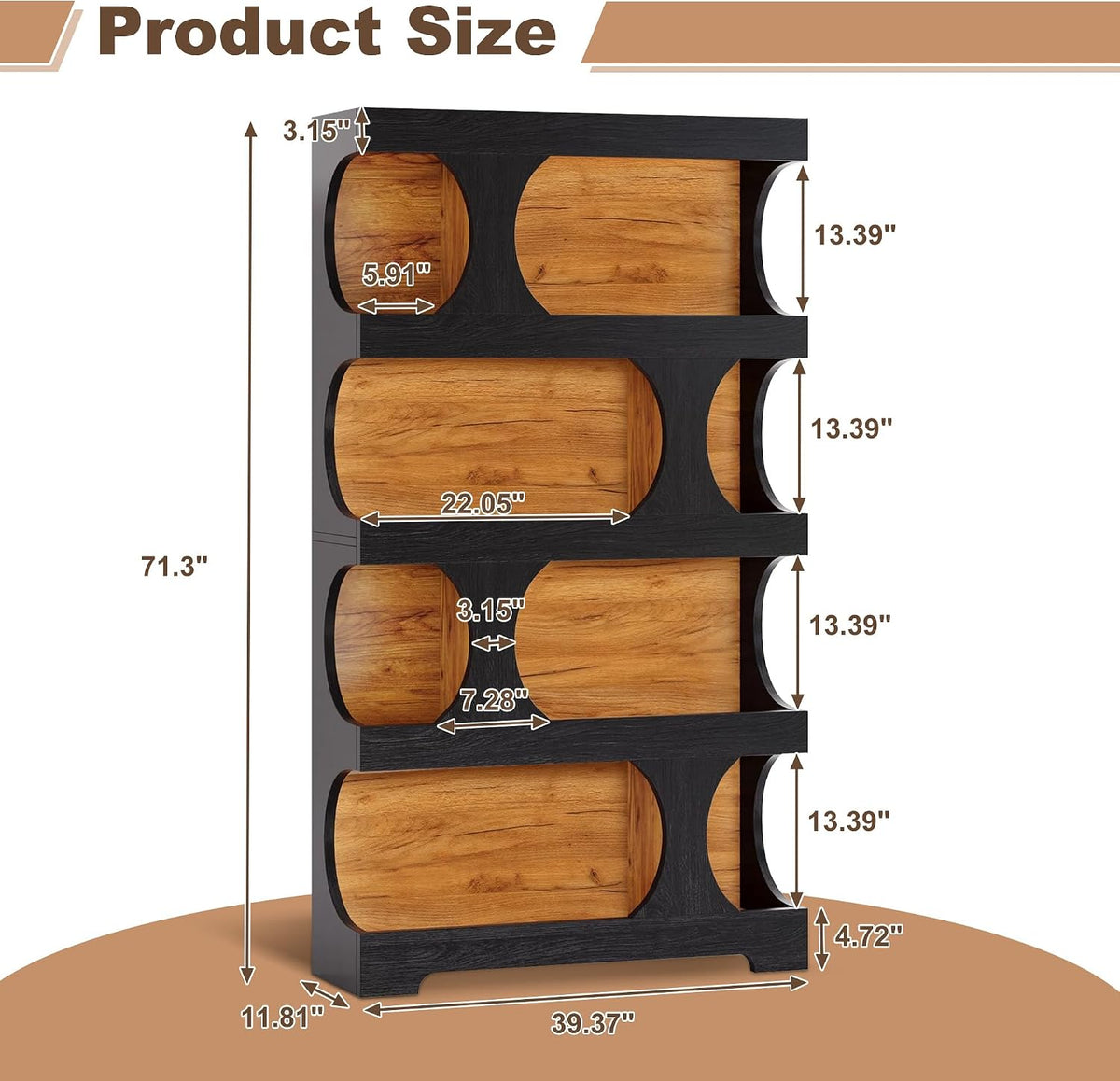 Bookcase Freestanding 71.3" Modern Book Case Display Shelf Tall Bookshelf with S-Shaped Pattern for Bedroom, Home Office, and Living Room, Black