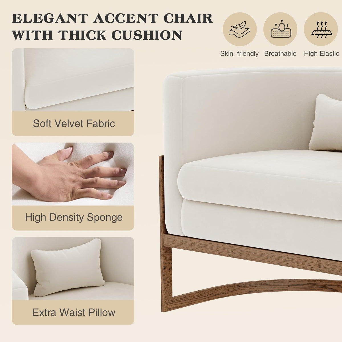 Velvet Accent Chair Ivory Modern Barrel Chair with Gold Legs
