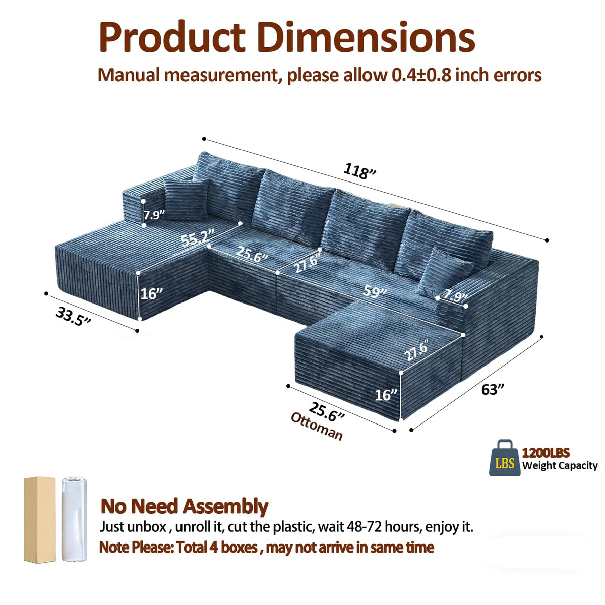 118" Modular Sectional Sofa with Chaise&Ottoman