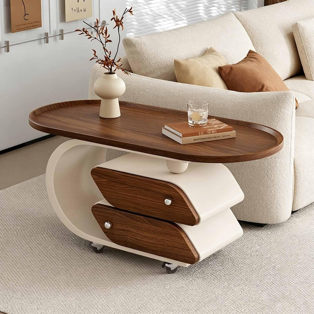 Rolling Wood-Top Storage Side Table
