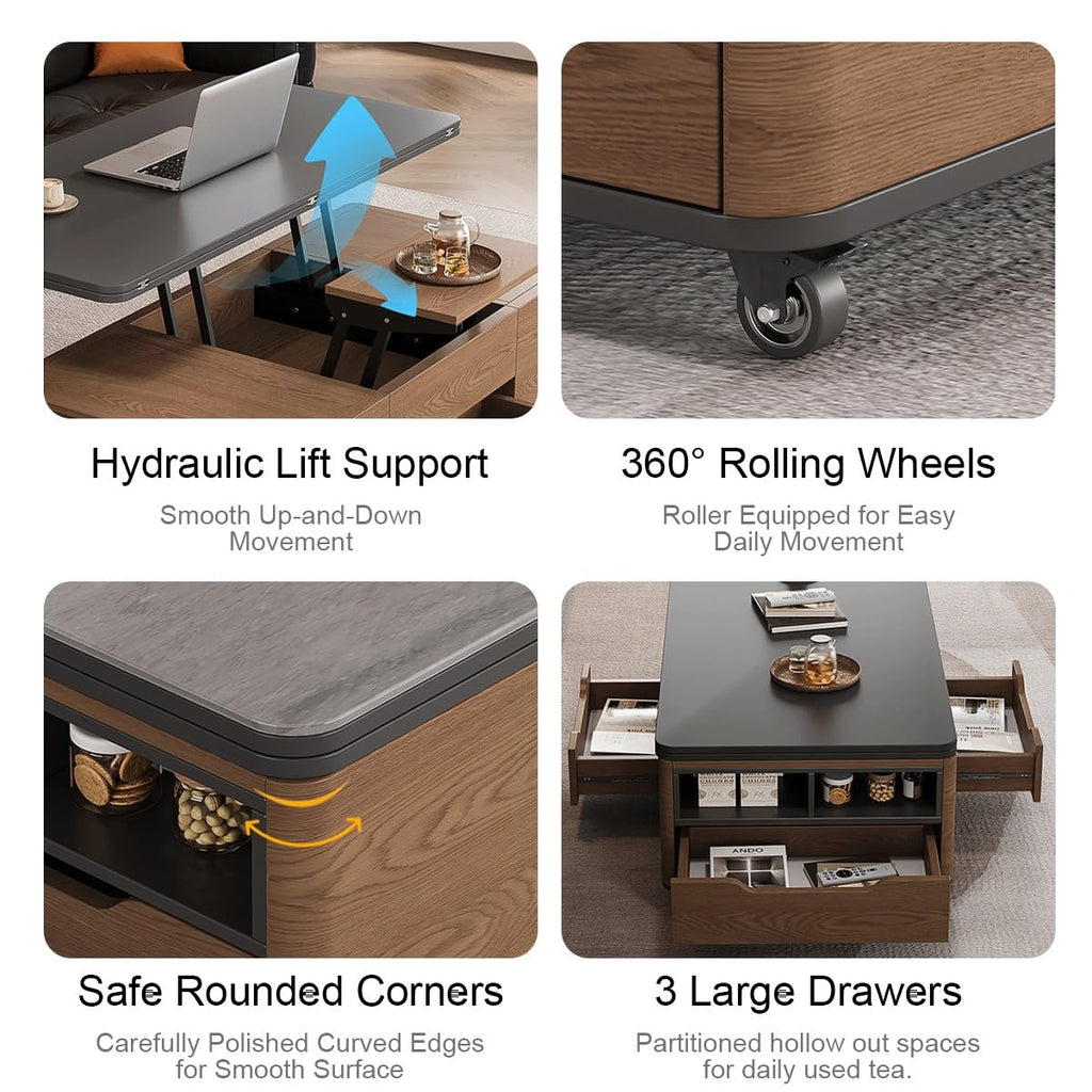3‑in‑1 Lift‑Top Coffee‑Table with Storage Drawers & Rolling Casters