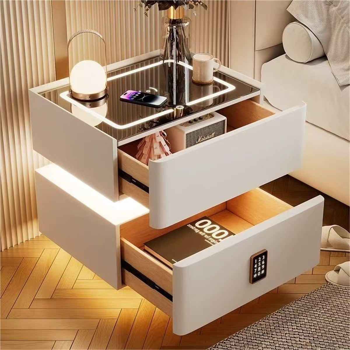 LED Smart Nightstand with 2 Drawers, Side Table, Modern Floating Nightstand for Bedroom and Living Room, Gray, 11.8"x15.7"x18.9"