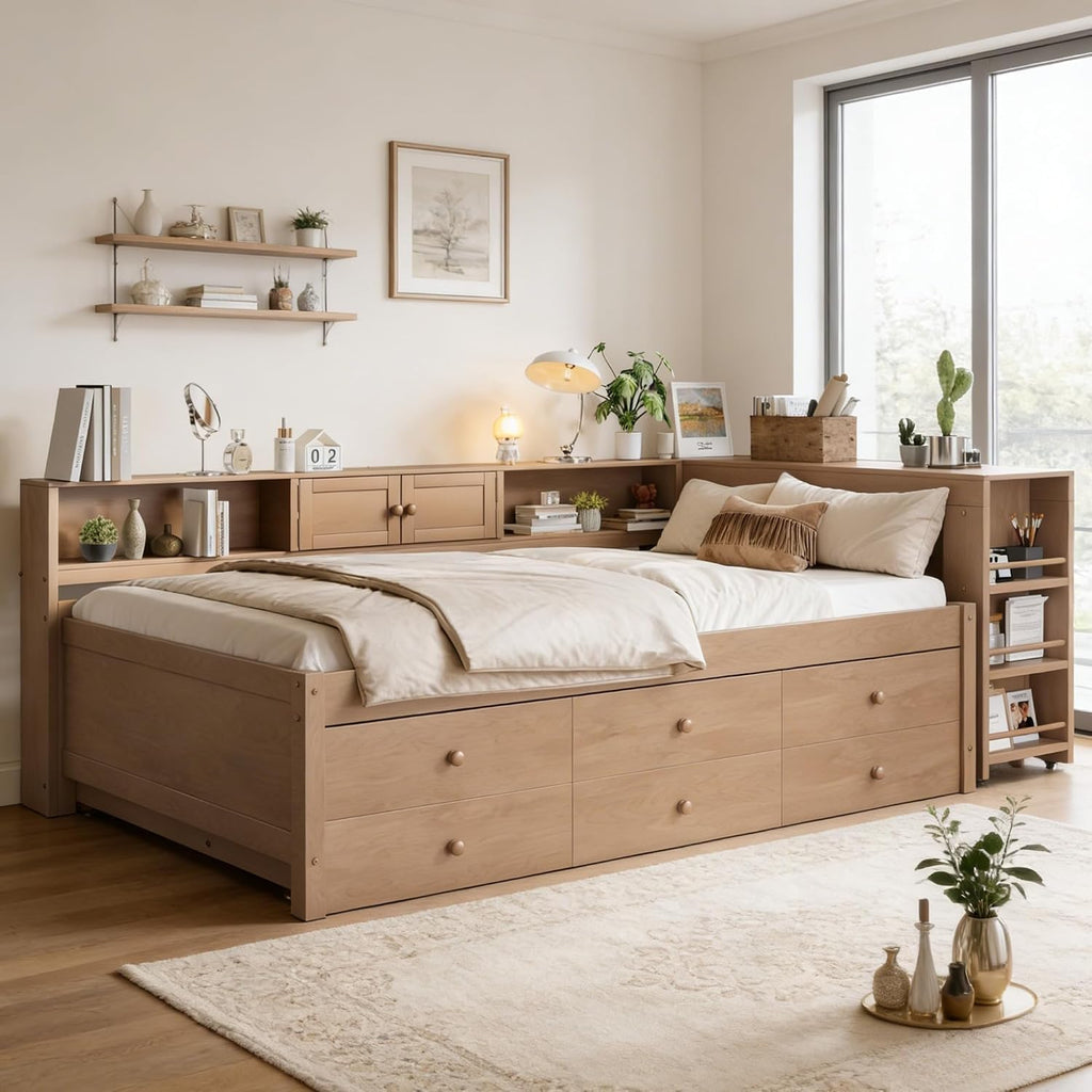Bellemave Twin Daybed Frame with Desk, Trundle & Drawers Brown
