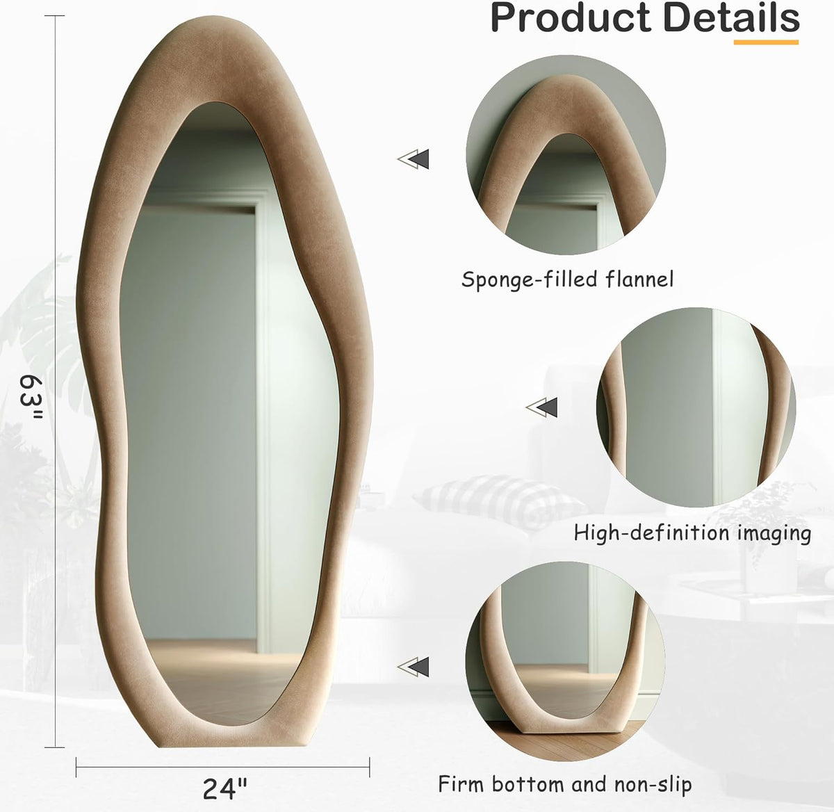 Wavy Full-Length Mirror with Flannel-Wrapped Wood Frame