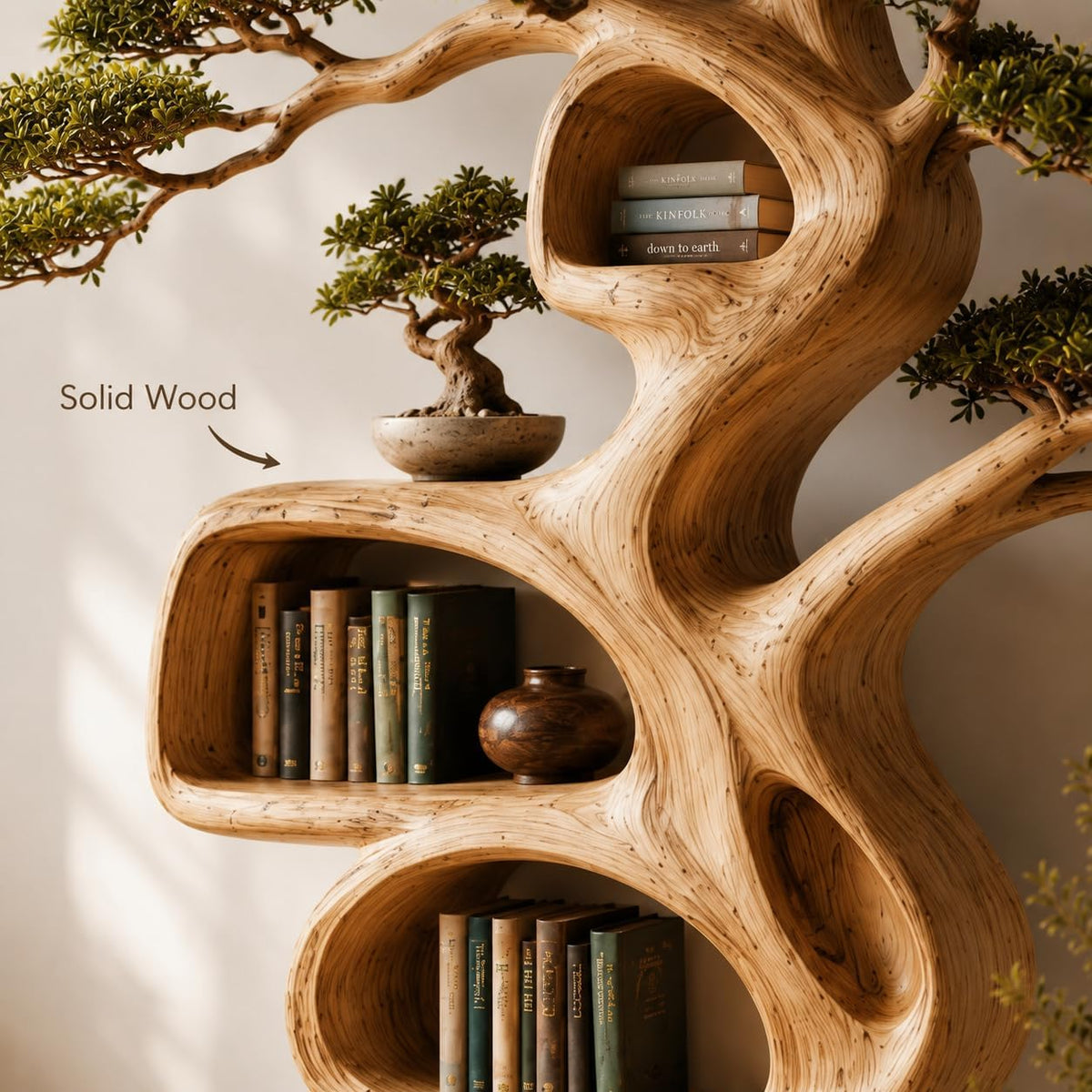 Rustic Tree Bookshelf, Solid Wood 70" H x 60" W Nature Inspired Bookcase with Open Shelves for Living Room Wall Decor (Option 4)