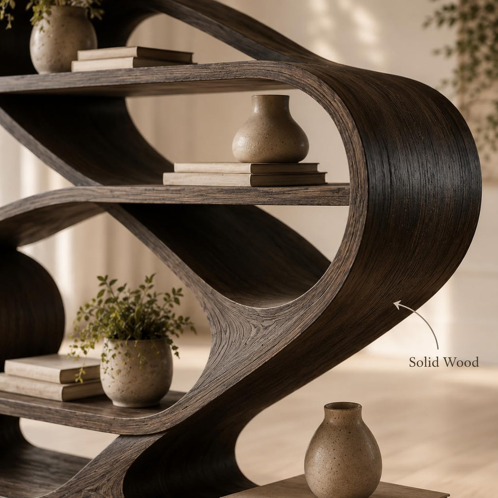 Artistic Wooden Bookshelf, Solid Wood Curved Bookcase with Open Shelves, Freestanding Display Storage for Living Room (Option 2)