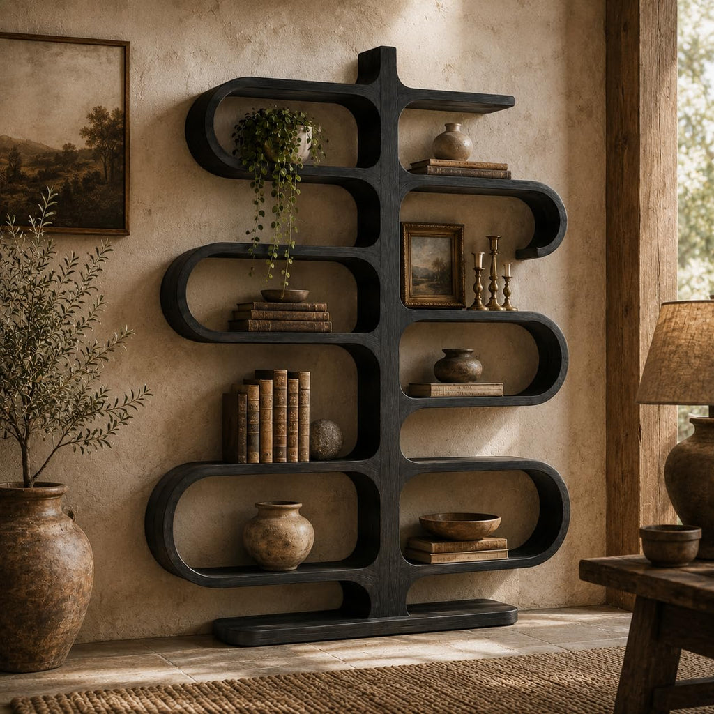 Sculptural Wood Bookshelf, Curved Solid Wood Bookcase for Living Room or Office, Modern Display Storage Shelf (Option 4)