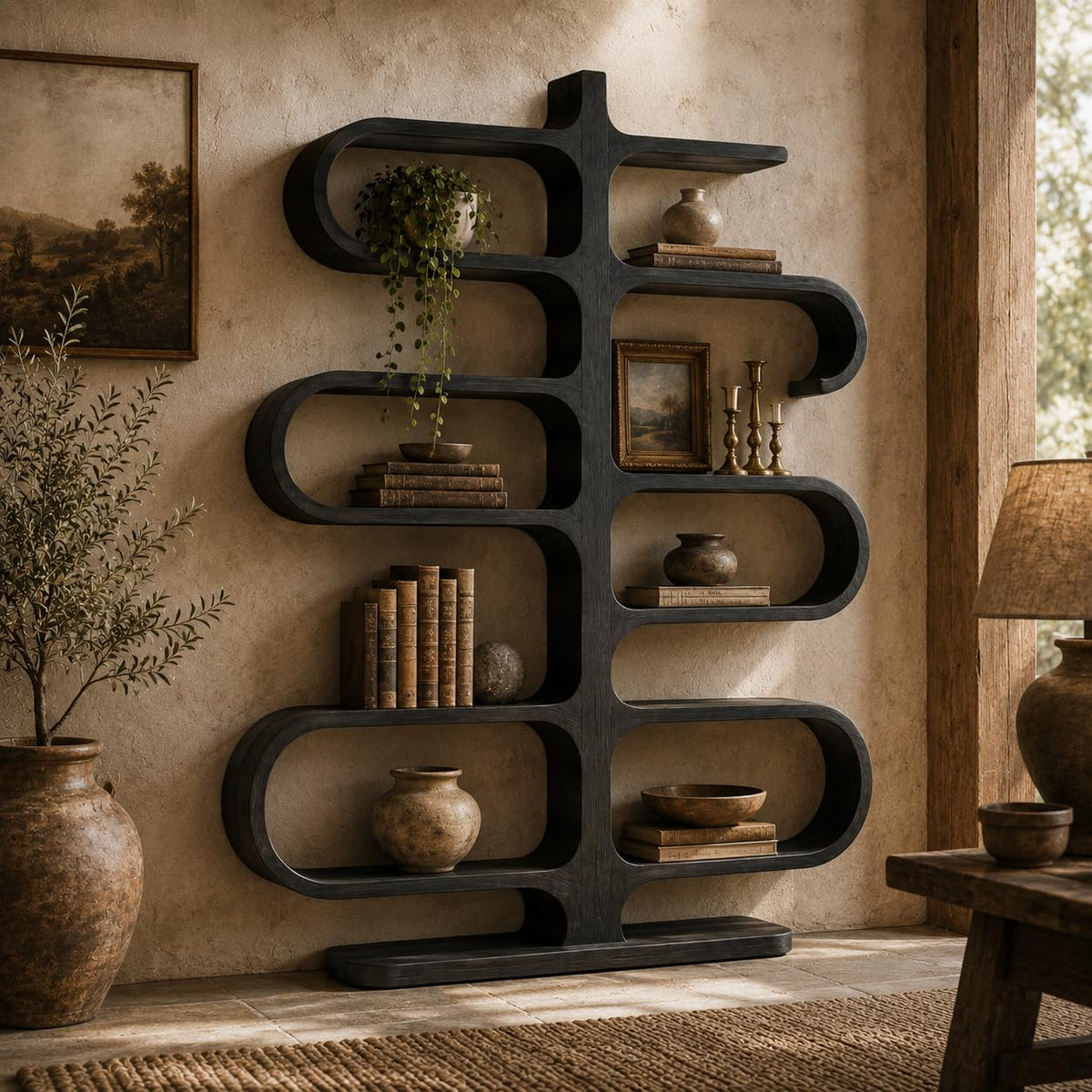 Sculptural Wood Bookshelf, Curved Solid Wood Bookcase for Living Room or Office, Modern Display Storage Shelf (Option 4)