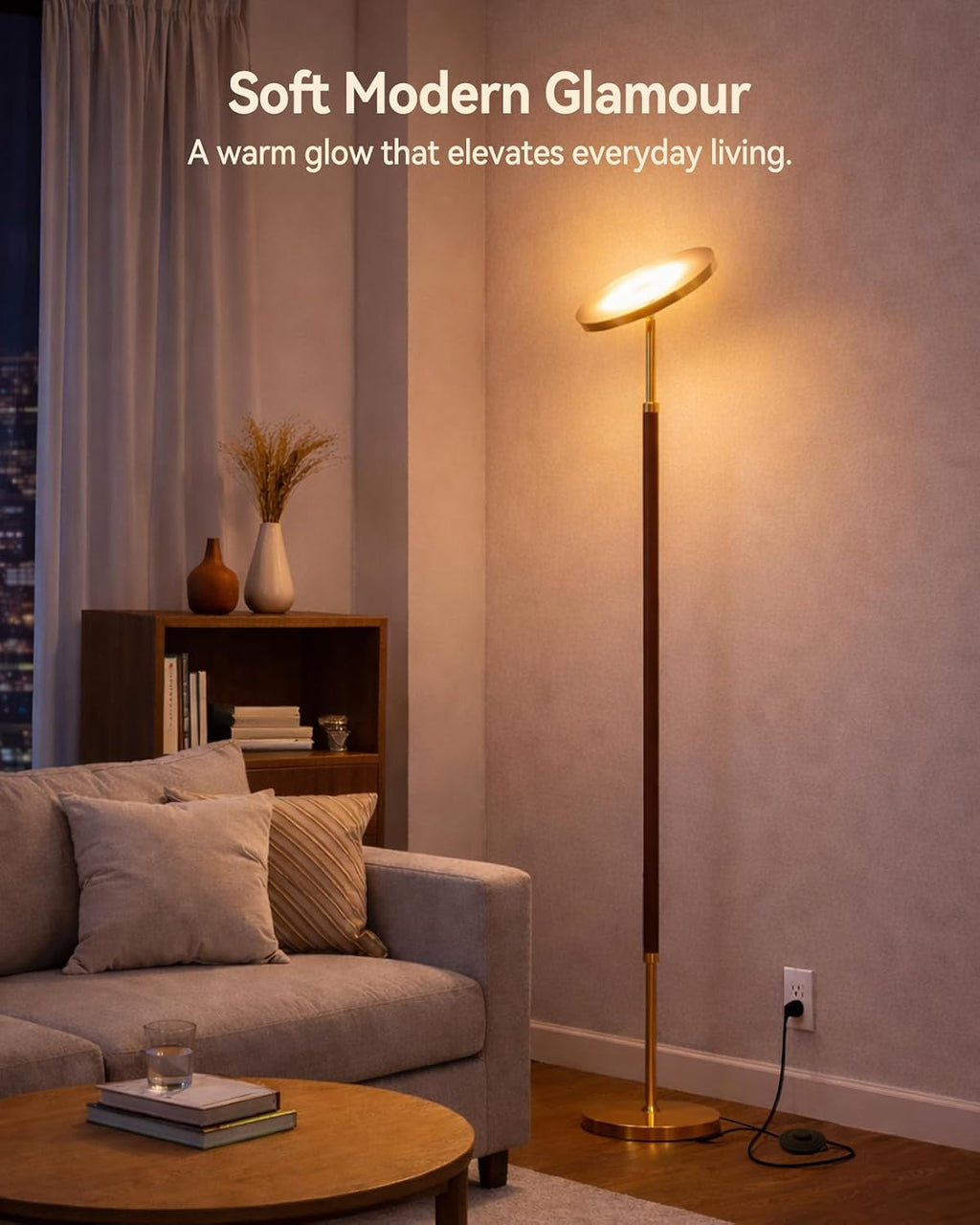JOOFO Wood LED Torchiere Floor Lamp with Remote, 3000LM Dimmable