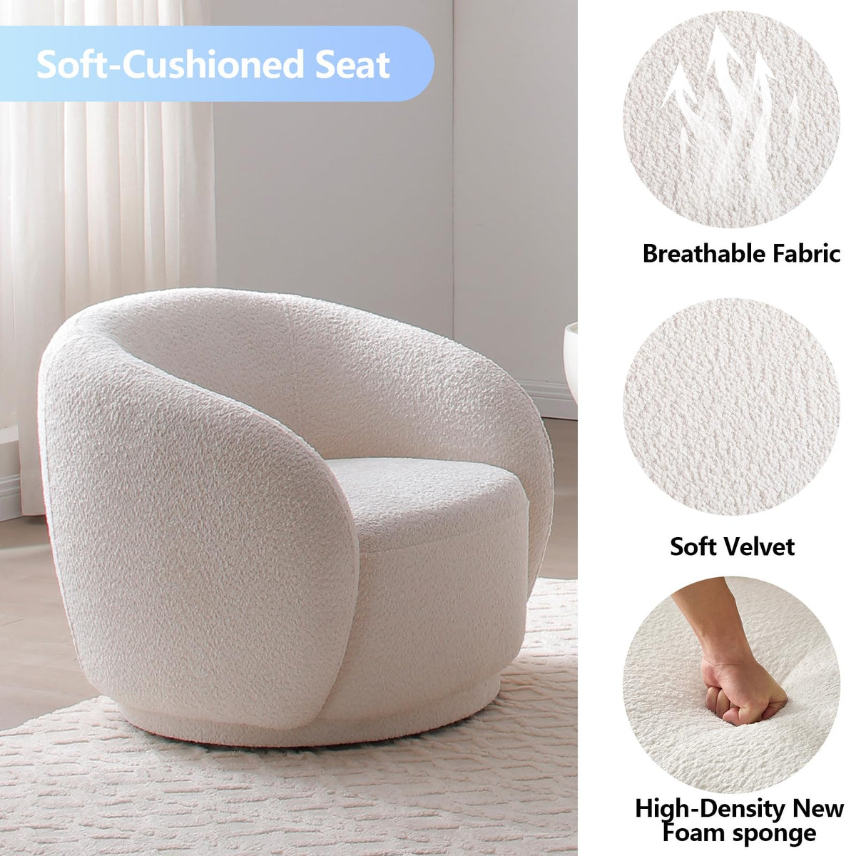 Oversized Boucle Accent Chair, Cream White Sherpa Wingback Chair