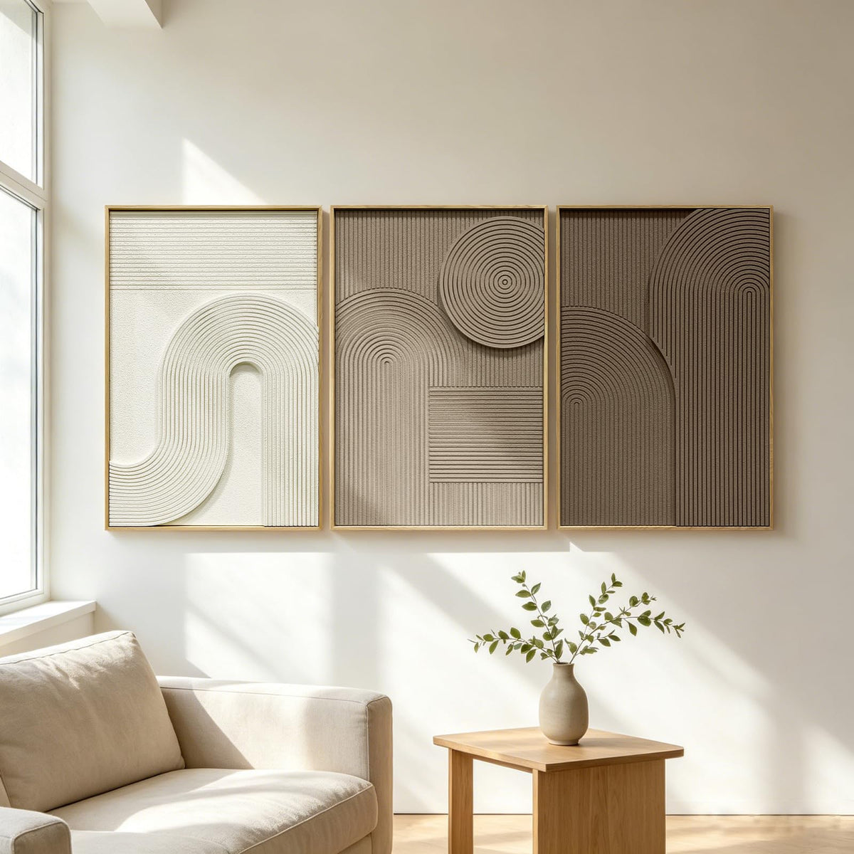 Abstract Geometric Relief Wall Art – Framed Triptych
