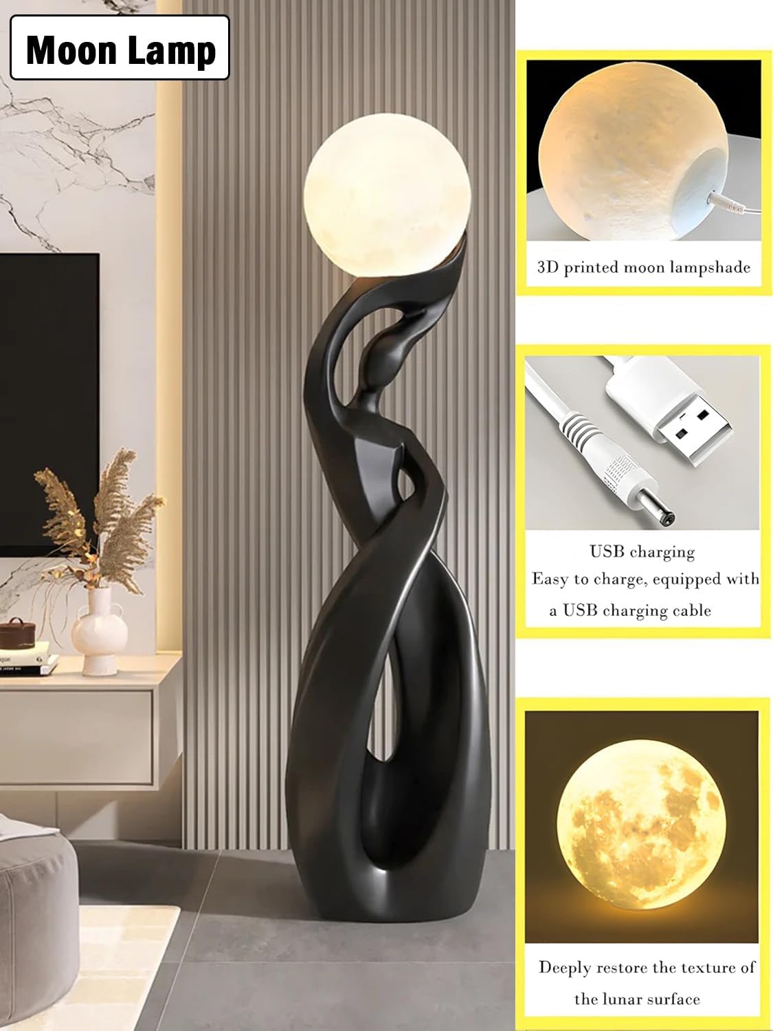 Modern Floor Lamp, Black Floor Lamps, Bedside Lamp with 3D Moon Lights