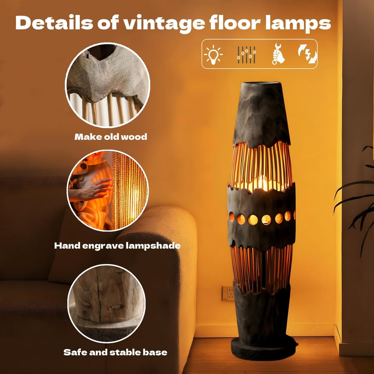 34.64" Mid Century Boho Farmhouse Wood Floor Lamp with Bamboo Shade