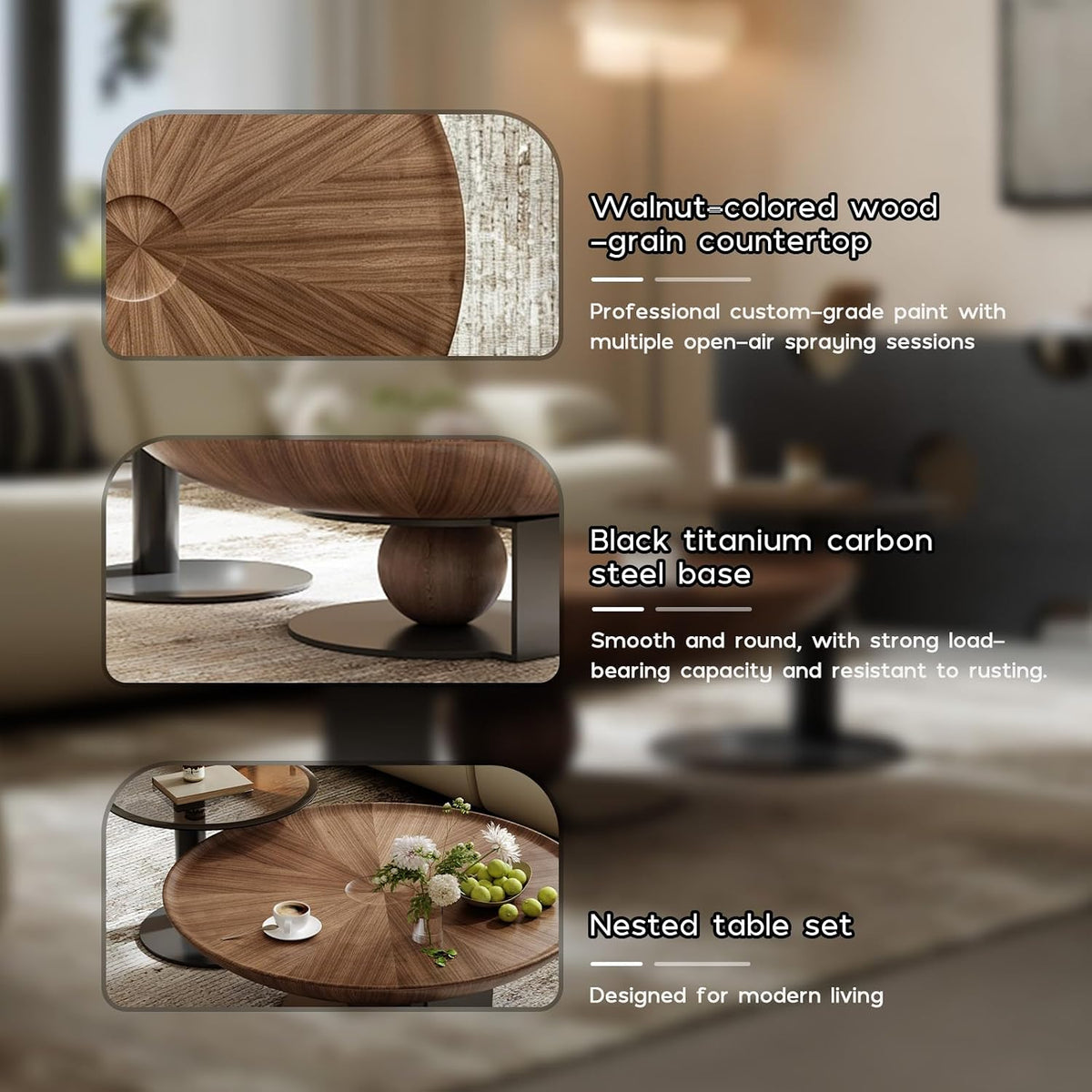 Walnut Nesting Coffee Table Set with Glass Side Table