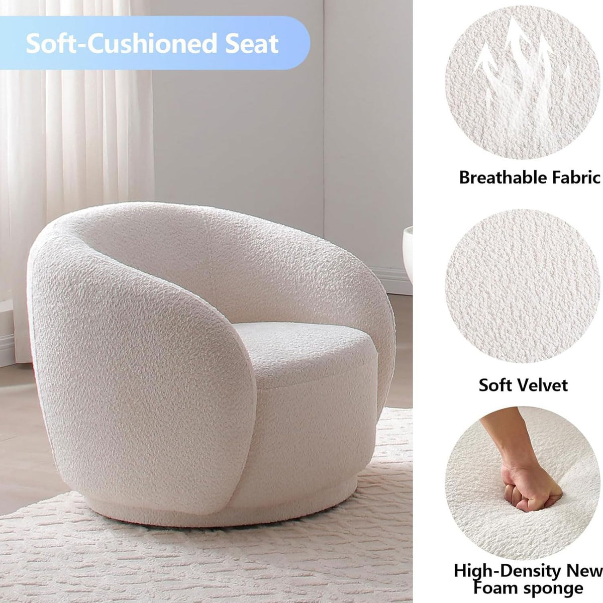 Oversized Boucle Accent Chair, Cream White Sherpa Wingback Chair