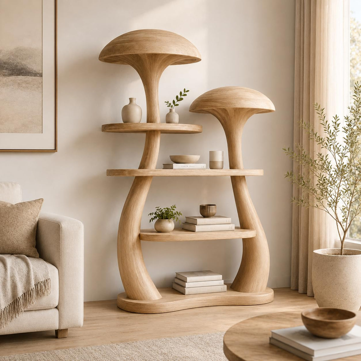 Mushroom Tree Bookshelf, Wooden Nature Inspired 50" W x 60" H Fantasy Bookcase with Tiered Display Shelves for Living Room Decor (Option 1)