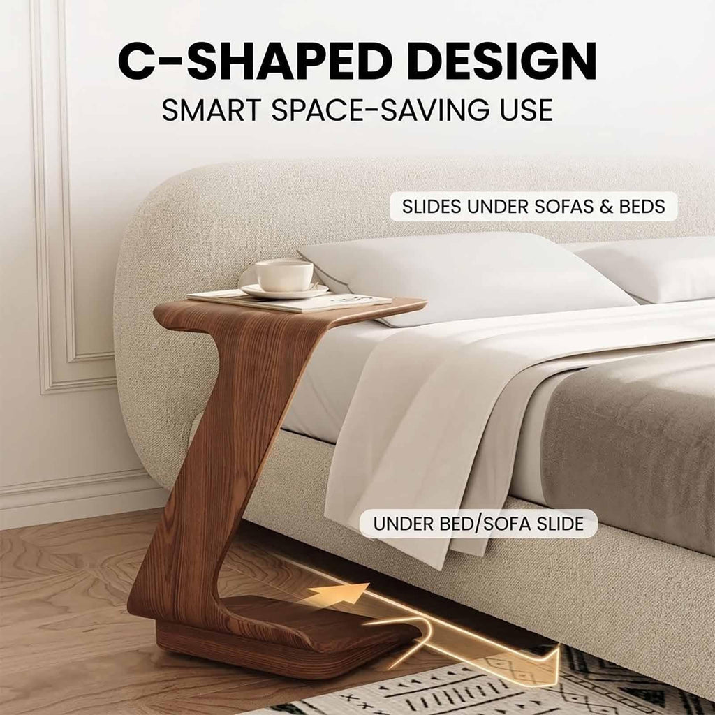 C-Shaped Wood Side Table with Wheels
