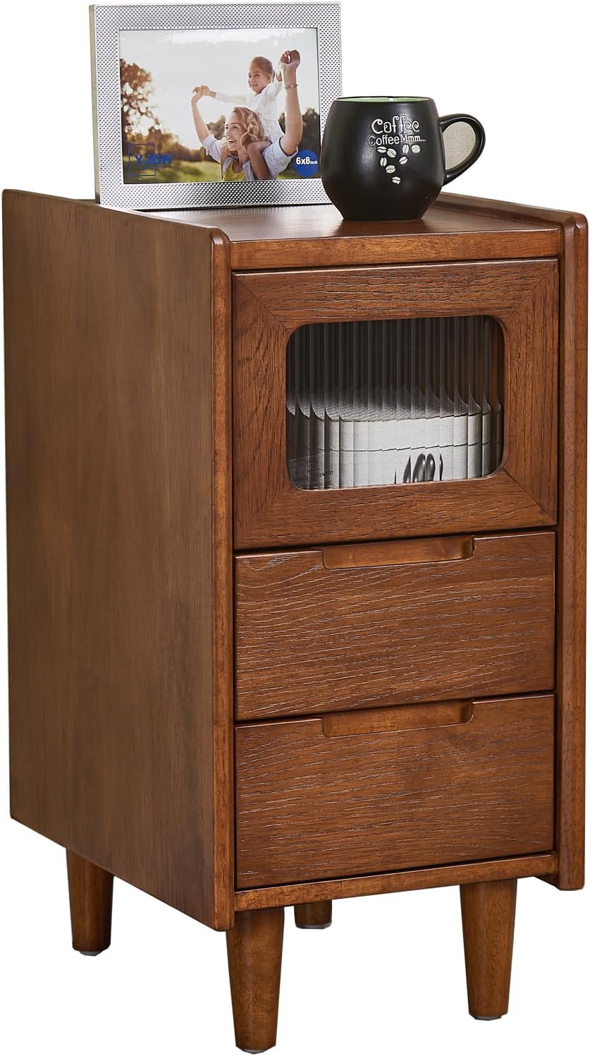 Rubberwood Nightstand with Fluted Glass Door