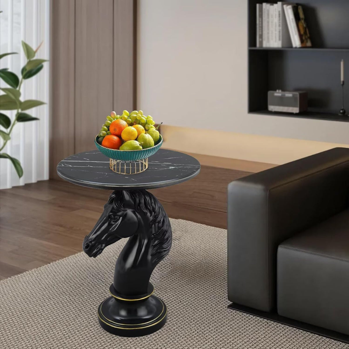 Modern End Table Living Room Black Horse Statue Base Faux Marble Night Stand 20"
