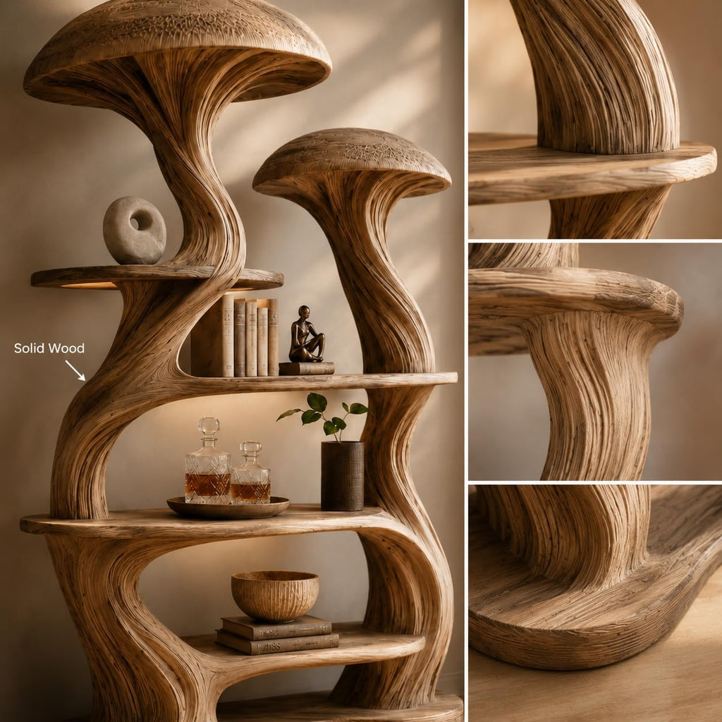 Mushroom Tree Bookshelf, Wooden Nature Inspired 50" W x 60" H Fantasy Bookcase with Tiered Display Shelves for Living Room Decor (Option 1)