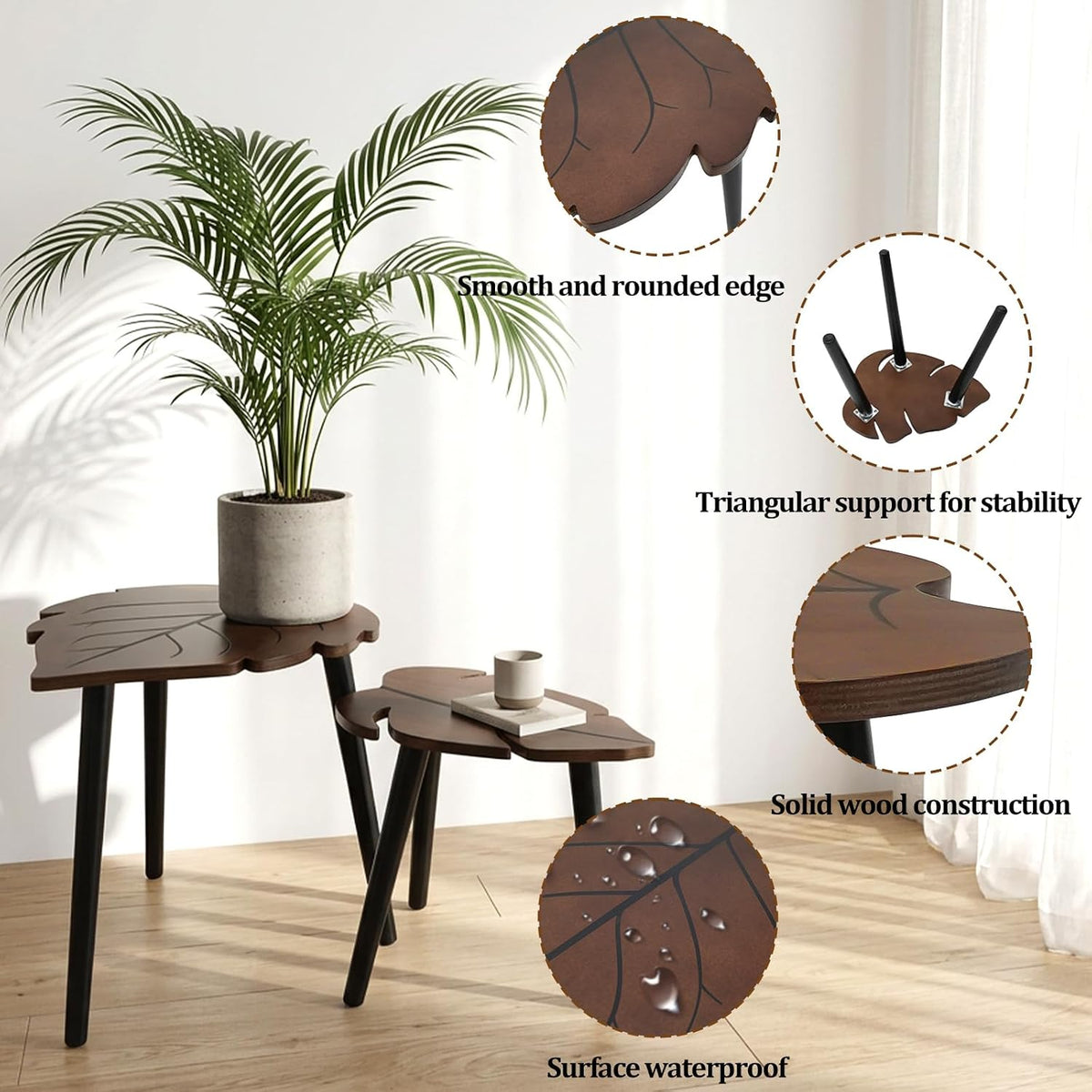 Nesting Coffee Table Set of 2, Monstera Leaf Wooden Side Table