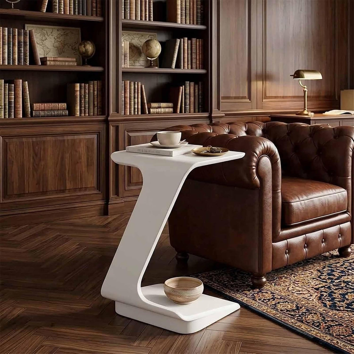 C-Shaped Wood Side Table with Wheels
