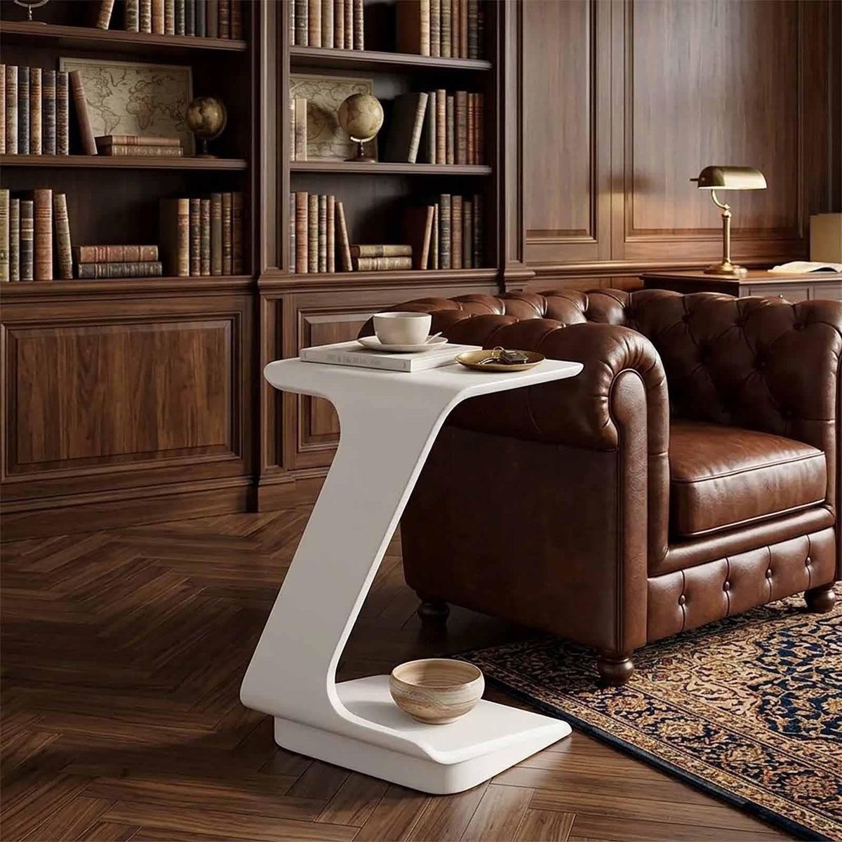 C-Shaped Wood Side Table with Wheels