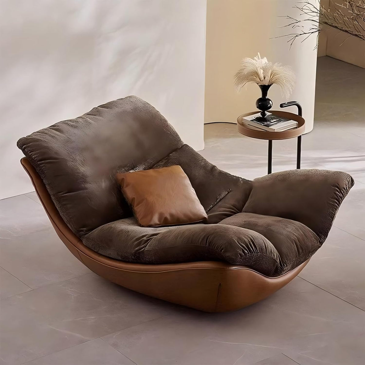 Modern Lounge Chair, Plush Fabric Lounge Chair with Faux Leather Base, Low Profile Lazy Sofa Chair, Ergonomic Curved Upholstered Chair for Living Room, Bedroom, Reading Nook, No Assembly Required