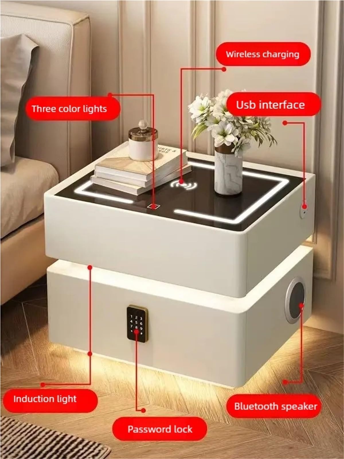 LED Smart Nightstand with 2 Drawers, Side Table, Modern Floating Nightstand for Bedroom and Living Room, Gray, 11.8"x15.7"x18.9"